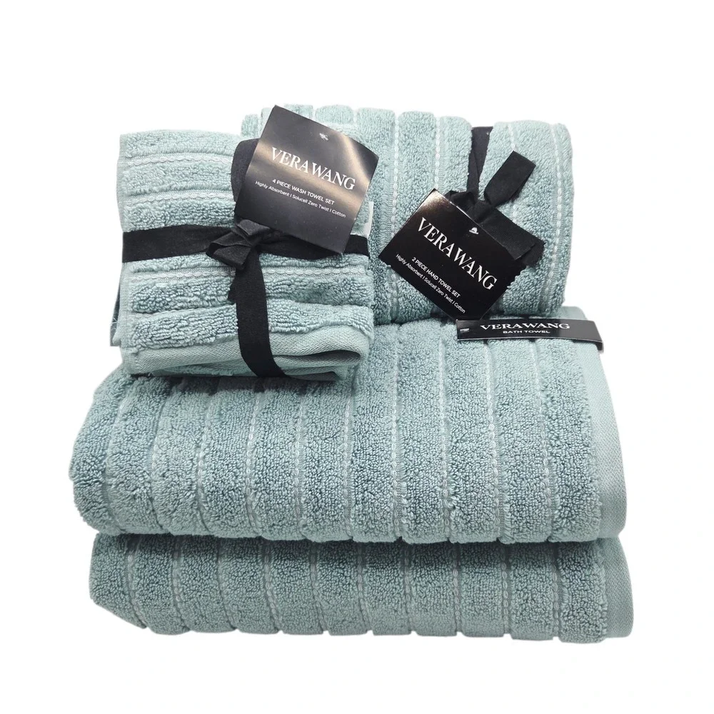 Vera Wang 8pc Zero Twist Cotton Bath‎ Towel Set Geo Stitch Aqua Blue B Twlos